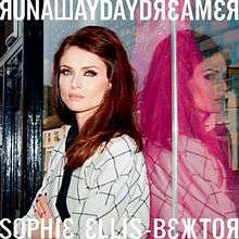 Ellis-Bextor looks in the distance, wearing a white, black-striped coat; she is standing against a display case of a store, where her reflection is seen. The top of the image shows the text "Runaway Daydreamer" in a Cyrillic script-inspired typeface, while its bottom has the text "Sophie Ellis-Bextor" in the same font.