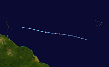 An image depicting the track of a short-lived tropical depression in the central and eastern Atlantic during late July 2014.