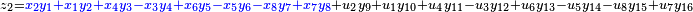 \,^{z_2 = {\color{blue}{x_2 y_1 + x_1 y_2 + x_4 y_3 - x_3 y_4 + x_6 y_5 - x_5 y_6 - x_8 y_7 + x_7 y_8}} + u_2 y_9 + u_1 y_{10} + u_4 y_{11} - u_3 y_{12} + u_6 y_{13} - u_5 y_{14} - u_8 y_{15} + u_7 y_{16}}