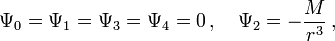 \Psi_0=\Psi_1=\Psi_3=\Psi_4=0\,,\quad \Psi_2=-\frac{M}{r^3}\,,