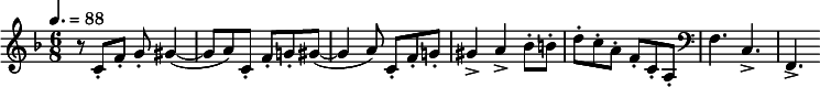  \relative c' { \clef treble \key f \major \tempo 4.=88 \time 6/8 r8 c-. f-. g-. gis4~( | gis8 a) c,-. f-. g!-. gis~( | gis4 a8) c,-. f-. g!-. | gis4-> a-> bes8-. b-. | d-. c-. a-. f-. c-. a-. | \clef bass f4. c-> | f,-> } 