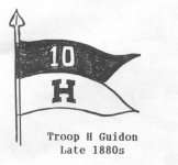 A picture of a B&W sketch of the 10th U.S. Cavalry, H Troop Guidon with staff headed by spear point. Inscription reads: Troop H Guidon Late 1880s.