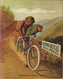 A painting of a parrot and monkey riding a bicycle together with the caption "We are having a heavenly time!"