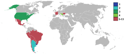 World map highlighting competing nations, colour-coded by finishing position with the top four marked separately (Uruguay 1, Argentina 2, USA 3, Yugoslavia 4). Most of the Americas are shaded, with small representation in Europe. Other continents are entirely unshaded.