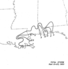 Black and white contoured map showing rainfall amounts.
