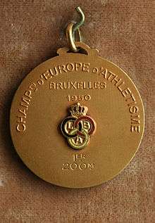 A picture of the 1950 European Athletics Championships 200m Gold Medal.