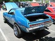 shows the rear end of a 1972 Javelin finished in blue with the taillamps following the "egg crate" pattern