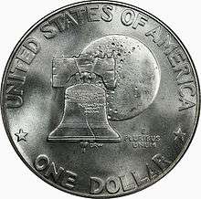 A coin, with the design featuring the Liberty Bell superimposed against the Moon