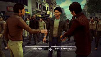 The player character is standing with a rock in his hand, with two friends in front of him and a large crowd behind him. There are two dialogue options near the bottom of the screen: "Throw Rock" and "Don't Throw Rock".