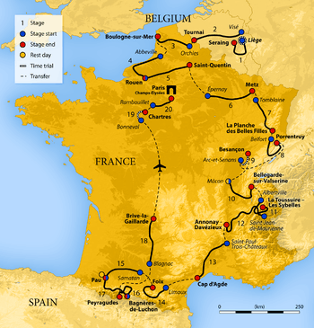 Map of France showing the showing the path of the race starting in Belgium, moving through the Alps, then the Pyrenees, before finishing in Paris.