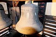 This is an image of the 3rd Bell in the Highland Arts Theatre Chime, showing the inscription "OH, COME LET US WORSHIP AND BOW DOWN." from Psalms 95:6 - O come, let us worship and bow down: let us kneel before the LORD our maker. This bell rings a G♯ and weighs 1,125 lb (510 kg).