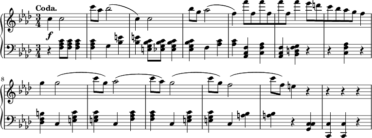 
 \relative c' {
  \new PianoStaff <<
   \new Staff { \key f \minor \time 3/4
    \tempo \markup {
     \column {
      \line { Coda. }
 }
   }
        c' c2 c'8[ aes] bes2( c,4) c2 bes'8[ g] aes2( f4) f'8[ f, f' f, f' f,] f'4 ees8[ d c bes aes g] f4 g g2( c8[ g)] aes2( c8[ aes)] g2( c8[ g)] f2( c'8[ f,)] e4 r r r r
      }
   \new Dynamics {
    s\f
      }
   \new Staff { \key f \minor \time 3/4 \clef bass
      r4 <f,, aes c>8[ <f aes c>] <f aes c>4 <f aes c> g4 <bes e> <bes e> <e, g bes c>8[ <ees g bes c>] <ees g bes c>4 <ees g bes c> f <aes c> <aes c> <aes, c f> <c f aes> <aes c f> <bes d f g> r r <c f aes> r <des f b> c <e g c> <e g c> c <f aes c> <f aes c> c <e g c> <e g c> c <a' bes> <a bes> r <c, g c> <c c,> <c c,> r
      }
  >>
 }
