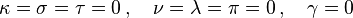 \kappa=\sigma=\tau=0\,,\quad \nu=\lambda=\pi=0\,,\quad \gamma=0 