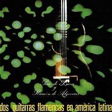 Black background with green spots with faint flamenco guitar in center