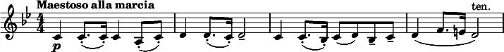  \relative c' { \clef treble \numericTimeSignature \time 4/4 \key g \minor \tempo "Maestoso alla marcia" c\p c8.(-. c16-.) c4 a8-.( c-.) | d4 d8.-.( c16-.) d2-- | c4 c8.(-. bes16-.) c8( d) bes-- c-- | d4( f8. e16 d2)^"ten." } 