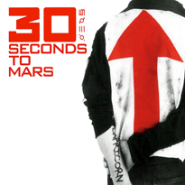 A person wearing a shirt with a red arrow on the back. The word "Capricorn" is written on his left arm. In the top left, the words "30 Seconds to Mars" and four symbols are written in red font, with the "30" in bold.