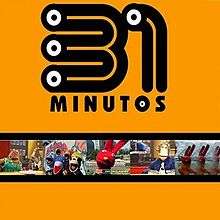 A bowling pin-shaped puppet dressed in black with an orange 31 minutos logo in his chest is behind a turntable with a 31 minutos LP placed on it, behind the puppet theres a group of LPs; the puppet is wearing DJ headphones, has blue skin, round white eyes black hair and sideburns in a yellow background.