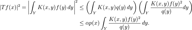 
\begin{align} |Tf(x)|^2=\left|\int_Y K(x,y)f(y)\,dy\right|^2
&\le \left(\int_Y K(x,y)q(y)\,dy\right) 
\left(\int_Y \frac{K(x,y)f(y)^2}{q(y)} dy\right)\\
&\le\alpha p(x)\int_Y \frac{K(x,y)f(y)^2}{q(y)} \, dy.
\end{align}
