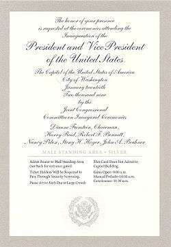 Silver-bordered ticket with silver cursive lettering to the inauguration of Barack Obama for the National Mall standing area with a silver presidential seal on the bottom.