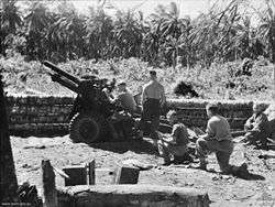 Men stand and kneel behind an artillery gun set behind a wall of logs in a jungle setting