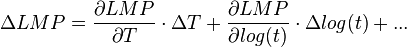 \Delta LMP = \frac{\partial LMP}{\partial T} \cdot \Delta T + \frac{\partial LMP}{\partial log(t)} \cdot \Delta log(t) +...