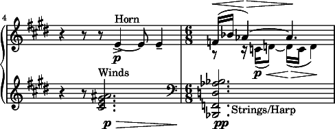 
\new PianoStaff <<
  \new Staff \relative c' {
    \clef treble \time 9/8 \key e \major
    \set Score.tempoHideNote = ##t \tempo 4. = 36
    \set Score.currentBarNumber = #4 \bar ""
    \set Staff.midiInstrument = "french horn"
    \once \override Staff.TimeSignature #'stencil = ##f
    r4 r8 r8 e4~->(\p^"Horn" e8e4-- |
    \time 6/8
    << { \dynamicUp f16(\< bes aes4\>)~ aes4.\! } \\ { r8 r16 c,([\p\< d8)~] d16(\> c d4\!) } >>
  }
  \new Staff \relative c' {
    \clef treble \time 9/8 \key e \major
    \set Staff.midiInstrument = "clarinet"
    \once \override Staff.TimeSignature #'stencil = ##f
    r4 r8 <ais' gis e cis>2.\p\>^"Winds" |
    \set Staff.midiInstrument = "string ensemble 1"
    \time 6/8 \clef bass
    \once \override TextScript #'self-alignment-X = #-1.6
    <bes, aes d, f, bes,>\pp_"Strings/Harp"
  }
>>
