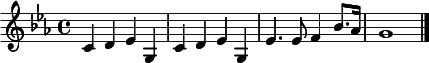 
  \relative c' {
  \key c \minor
  \time 4/4
    c d es g,         % parentheses create slurs
    c d es g,    
    es'4. es8 f4 bes8. as16
    g1
    \bar "|."
  }
