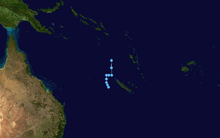 A map of a tropical cyclone taking a track to the northeast of New Caledonia