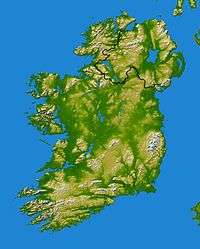 Topographical map of Ireland, incorporating the border between Northern Ireland and the Republic of Ireland.