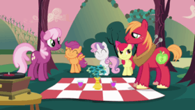 Cheerilee and Big McIntosh face each other while the Cutie Mark Crusaders stand between them smiling to see if they can fall in love with each other.