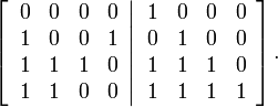 
\left[  \left.
\begin{array}
[c]{cccc}
0 & 0 & 0 & 0\\
1 & 0 & 0 & 1\\
1 & 1 & 1 & 0\\
1 & 1 & 0 & 0
\end{array}
\right\vert
\begin{array}
[c]{cccc}
1 & 0 & 0 & 0\\
0 & 1 & 0 & 0\\
1 & 1 & 1 & 0\\
1 & 1 & 1 & 1
\end{array}
\right]  .

