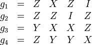 
\begin{array}
[c]{cccccc}
g_{1} & = & Z & X & Z & I\\
g_{2} & = & Z & Z & I & Z\\
g_{3} & = & Y & X & X & Z\\
g_{4} & = & Z & Y & Y & X
\end{array}
