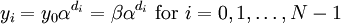 y_i = y_0\alpha^{d_i} = \beta\alpha^{d_i}\mbox{ for }i=0,1,\ldots,N-1