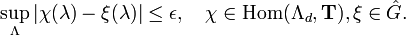  \sup_\Lambda |\chi(\lambda)-\xi(\lambda)| \leq \epsilon, \quad
\chi\in\operatorname{Hom}(\Lambda_d,\mathbf{T}), \xi\in\hat{G}. 