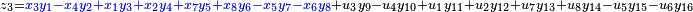 \,^{z_3 = {\color{blue}{x_3 y_1 - x_4 y_2 + x_1 y_3 + x_2 y_4 + x_7 y_5 + x_8 y_6 - x_5 y_7 - x_6 y_8}} + u_3 y_9 - u_4 y_{10} + u_1 y_{11} + u_2 y_{12} + u_7 y_{13} + u_8 y_{14} - u_5 y_{15} - u_6 y_{16}}