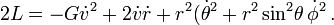 2L=- G \dot v^2+2\dot v \dot r+r^2 ({\dot\theta}^2+r^2\sin^2\!\theta\,\dot\phi^2\,.