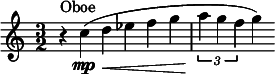 
  \relative c'' {\key c \major \time 3/2 \clef treble r4^"Oboe" c4\mp\< (d4 es4 f4 g4 | \times 2/3 {a4\! g4 f4} g4) }
