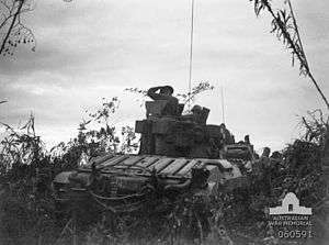 An armoured vehicle moves through thick vegetation