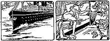 Two panles from a comic strip.  In the first panel, a nurse watches as a young boy urinates, and an ocean liner tavels through the mass of urine.  In the second panel, the nurse awakens in her bed to the child's crying.