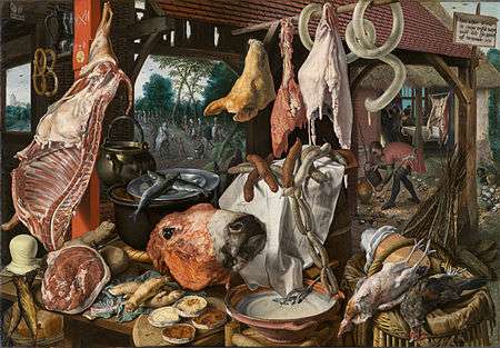 Detailed painting of a variety of meat products in a Renaissance-era butcher's stall