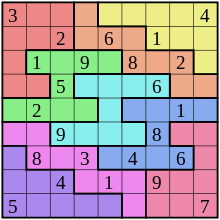 A Sudoku puzzle grid with many colours, with nine rows and nine columns that intersect at square spaces. Some of the spaces are filled with one number each; others are blank spaces for a solver to fill with a number.