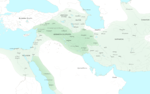 Blank map of the Middle East, with green shaded areas for the Abbasid Caliphate, and the major regions and provinces marked