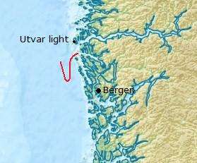 Map of the Norwegian coastline near Bergen marked to show the route of the Allied and German ships during this battle as described in the text