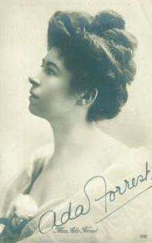 A black-and-white bust portrait (c. 1910) of Ada Forrest in profile. She wears a gown, and she is wearing her brown hair up. Her autograph is on the lower-right corner of the photo, written in a very clear, round hand.