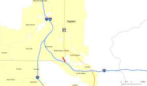 A map highlighting Adams Avenue in red, originating at a blue line representing Interstate 84