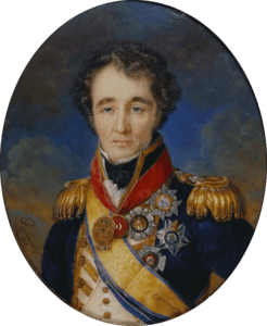 Oval painting of a hatless man with curly hair and thick eyebrows. He wears a blue naval uniform with a white waistcoat, gold sash and epualettes, and a number of decorations.