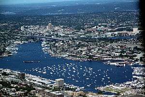 Aerial view of Lake Union on July 4, 2011, with numerous boats gathered for the July 4th fireworks show.