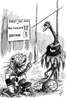 A cartoon depicting a moa proudly standing over an injured lion.