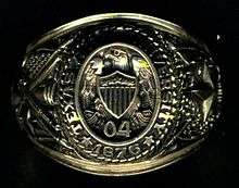 Close-up of gold ring. On the top, the words Texas A&M University 1876 encircle an eagle atop a shield over the numbers 0 and 4. The left side contains a large star and an oak. The right shows a cannon, saber, and rifle with the crossed flags of the United States and Texas.