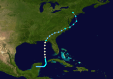 A color-coded chart shows that Hurricane Agnes began as a tropical depression over the Yucatán Peninsula in Mexico, turned sharply northward and became a tropical storm after entering the Caribbean Sea. It gained hurricane strength as it crossed the Gulf of Mexico but weakened to a tropical depression again after striking the U.S. mainland and turning to the northeast. After crossing several southeastern states, it entered the Atlantic Ocean off the coast of North Carolina and regained tropical-storm strength. It then curved back to the northwest and, striking the mainland again, it passed close to Pennsylvania.
